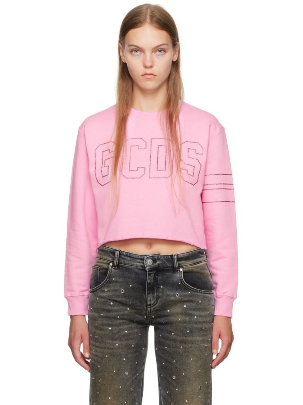 GCDS Pink Bling Jewel Logo Cropped Sweatshirt, Size XL